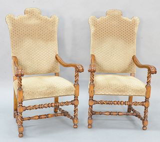 Pair of Louis XIV style arm chairs, each having turned legs and stretchers with custom tan and blue upholstery, ht. 49 1/2".