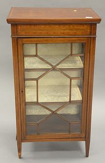 Custom mahogany inlaid curio cabinet, ht. 40 1/2", top 14 3/4" x 22 1/4"