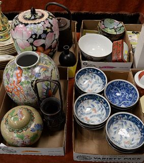 Four tray lots of Asian porcelain and bronzes to include vases, bowls, cloisonne urn, bronze teapot, bronze vases, etc. Estate of Marilyn Ware Strasbu