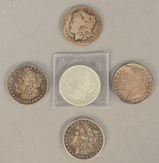 Group of five Morgan dollars, 1884; 1887; 1921 and two 1896.