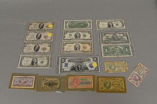 Group of silver certificates and US currency, three 1929 ten dollar bills; two 1935 E one dollar bill; three two dollar bills, 1963, two 1976.