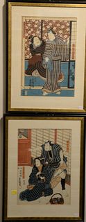 Set of four Japanese woodblock prints, each depicting figures in an interior, 19th C. watercolor on paper, sight size 13 1/2" x 9 1/2". Estate of Mari