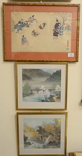 Six framed Asian pieces: two square watercolor on silk landscapes, seal mark lower right; Japanese watercolor on cloth, mountainous landscape; silver 