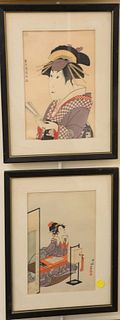 Six framed Japanese woodblock and woodcut: Japanese black and white watercolor drawing; two Japanese woodblock portraits; two pair of colored woodbloc