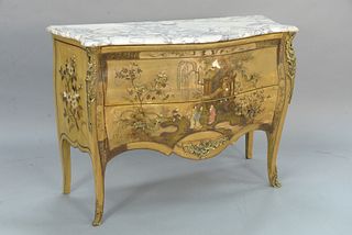Louis XV style marble top commode having chinoiserie decoration and metal mounts, mid 20th C., chips in front, ht. 35 1/2", top 20" x 49". Provenance: