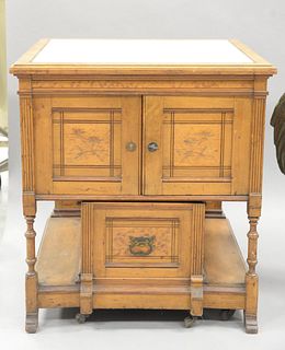 Victorian commode having inset marble top over two doors with birdseye maple panels and floral inlay over pull out bidet, c. 1880, ht. 29 1/4", top 23