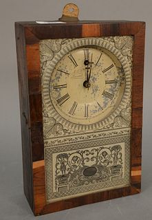 New England Clock Co. mantle clock, veneered wood, lithographed glass, inscribed "N.E. Clock Co., Bristol, CT, U.S.", some loss to glass, face and ven