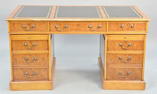 Three part burl desk having tooled leather top, ht. 30 1/2", top 29" x 59".