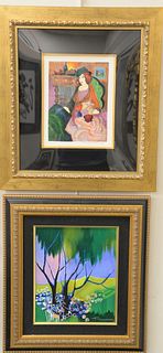 Three Itzchak Isaac Tarkay (Israli, 1935 - 2012) framed seriographs including one landscape on canvas, 13 1/2" x 11 1/2"; two on paper depicting woman
