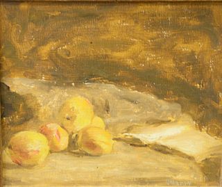 Two small paintings, oil on board, still life of lemons, 7" x 7 3/4"; portrait of man, sight size 7" x 6"; both signed illegibly. Provenance: The Esta