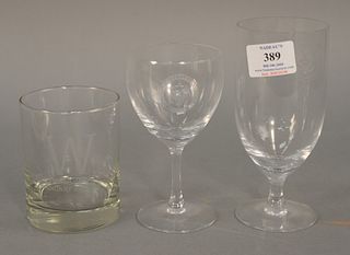 Set of glasses in three sizes, Fostoria stems having "House of Representatives, U.S.A." etched emblem and rocks glasses having the "Inauguration, Janu