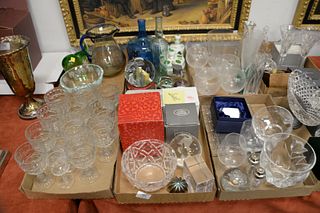 Six tray lots of Tiffany glass, crystal, paperweights, pitcher, stems, elephant. Estate of Marilyn Ware Strasburg, PA.