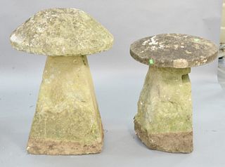 Pair of outdoor stone two-part sculptures, ht. 25", dia. 19" and ht. 31", dia. 20". Estate of Marilyn Ware Strasburg, PA.