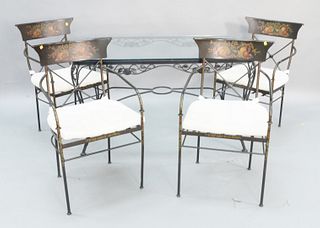 Five piece patio set to include glass top table along with four painted armchairs, ht. 29 1/2", top 30" x 51". Estate of Marilyn Ware Strasburg, PA.