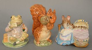 Three Beatrix Potter figural pieces to include "Hunca Munca", ht. 2 1/2"; Mr. Jeremy Fisher and squirrel 3 1/2". Estate of Marilyn Ware Strasburg, PA.