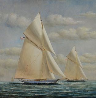 Taylor, "Sloop at Sea", oil on canvas, signed lower right ", D. Taylor", 36" x 36".