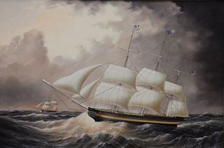 Contemporary oil on canvas, "Brig in Rough Seas, American Flag," signed lower left J. Glaguer, 24" x 36".