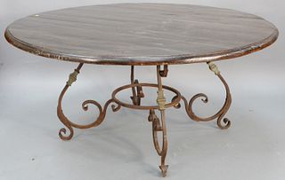Round plank top table with iron base, ht. 30", dia. 62".