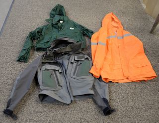 Three rain jackets, 1 Simms, 1 Orvis, mediums plus 1 orange, large. Estate of Michael Coe, PhD, New Haven, CT.