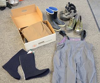 Four piece lot to include pair Redball chest waiters; rubber Viking boots; 2 pair waiting boots and rain pants. Estate of Michael Coe, PhD, New Haven,
