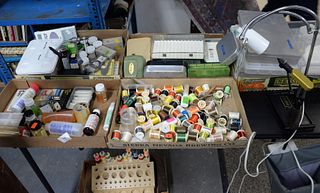 Group of 18 fly and plastic tackle boxes, fly tying string, light's complete set-up. Estate of Michael Coe, PhD, New Haven, CT.