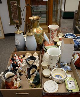 Four tray lots of assorted porcelain and china to include Toby mugs, figures, vases, etc. Estate of Marilyn Ware Strasburg, PA.