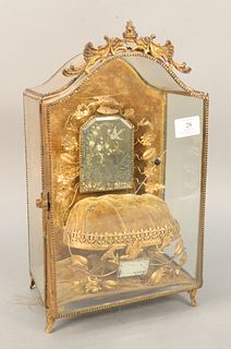 Victorian display case having mirror over pin cushion with floral and bird surrounds, ht. 16 1/2".