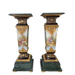 Pair Sevres Style Bronze Mounted Pedestals
