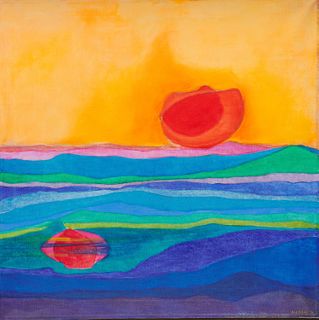 ALBERT ALCALAY, (American, 1917-2008), Floating Sun, 1974, oil on canvas, 36 x 36 in., frame: 37 1/2 x 37 1/2 in.