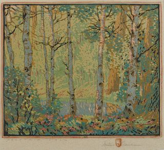 GUSTAVE BAUMANN, (American, 1881-1971), Mountain Lake, woodcut in colors, plate: 9 3/8 x 11 1/2 in., frame: 18 1/4 x 18 3/4 in.