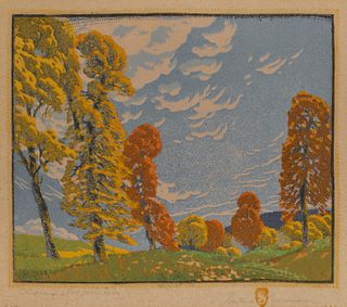 GUSTAVE BAUMANN, (American, 1881-1971), Indiana Red Gum Trees, woodcut in colors, plate: 9 3/8 x 11 1/8 in., frame: 16 3/4 x 17 1/2 in.