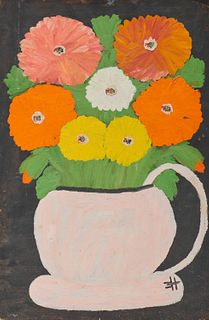 CLEMENTINE REUBEN HUNTER, (American, 1887-1987), Zinnias Looking at You, oil on board, 23 1/2 x 15 1/2 in.