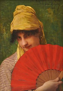 JULES JOSEPH LEFEBVRE, (French, 1836-1911), Woman with a Red Fan, oil on panel, 15 1/4 x 10 3/8 in., frame: 20 1/2 x 16 in.