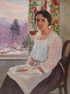 LILLA CABOT PERRY, (American, 1848-1933), Marie at the Window, Winter, 1921, oil on canvas, 40 x 30 in., frame: 46 1/2 x 36 1/2 in.
