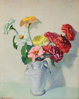 JANE PETERSON, (American, 1876-1965), Zinnias, oil on canvas, 30 x 24 in., frame: 38 x 32 in.