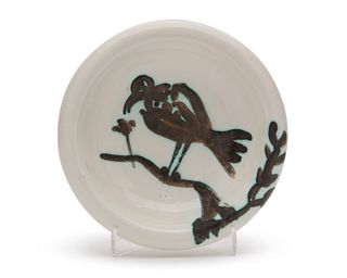 PABLO PICASSO, (Spanish, 1881-1973), Oiseau sur la branche (A.R. 175), white earthenware ceramic with white glaze and black oxide, diameter: 6 1/2 in.