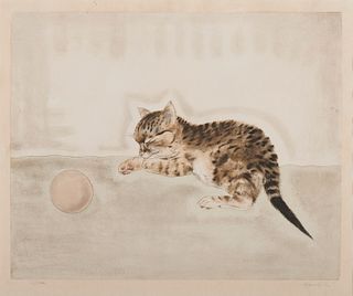 TSUGUHARU FOUJITA, (Japanese/French, 1886-1968), Chaton dormant près d'une balle, from Les Chats, etching and aquatint, sheet: 14 x 16 3/4 in., image: