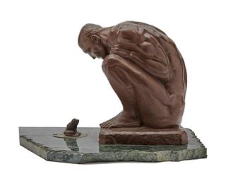 ELFRIEDE MARTHA ABBE, (American, 1919-2012), Man and Frog, bronze, height of man: 11 1/2 in., height of frog: 2 in., length of base 18 in.