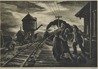 THOMAS HART BENTON, (American, 1889-1975), Morning Train, lithograph, plate: 9 1/2 x 13 1/2 in., frame: 16 3/4 x 20 5/8 in.
