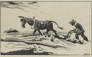 THOMAS HART BENTON, (American, 1889-1975), Plowing It Under, lithograph, plate: 8 x 13 1/4 in., frame: 17 1/2 x 23 in.