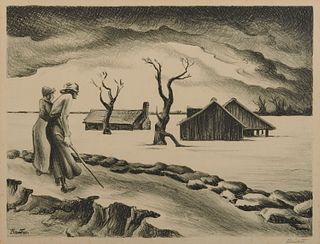 THOMAS HART BENTON, (American, 1889-1975), Flood, lithograph, plate: 9 1/8 x 12 1/8 in., frame: 18 1/4 x 21 3/4 in.