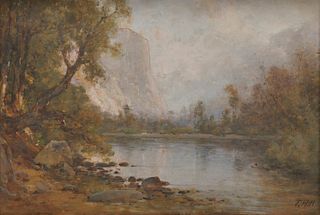 THOMAS HILL, (American, 1829-1908), Echo Lake and El Capitan, Yosemite, oil on card, 14 x 20 in., frame: 17 x 23 1/2 in.