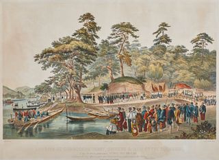 Hand-Colored Lithograph depicting The Landing of Commodore Perry, Officers, and Men of the Squadron