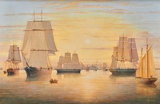 BRIAN COOLE, (British, b. 1939), Sailing Ships in Boston Harbor, oil on panel, 24 x 36 in., frame: 34 x 46 in.