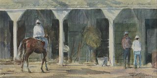 RAY GEORGE ELLIS, (American, 1921-2013), Saratoga Stables, 1984, watercolor, sight: 11 x 22 in., frame: 23 x 34 in.