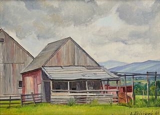 LUIGI LUCIONI, (American, 1900-1988), Landscape with Barn, 1941, oil on masonite, 5 x 6 in., frame: 7 1/2 x 9 in.