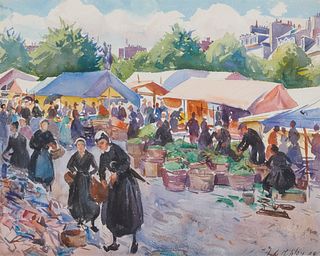 AIDEN LASSELL RIPLEY, (American, 1896-1969), Market Scene, 1920, oil on canvas board, 18 x 15 in., frame: 25 x 22 in.