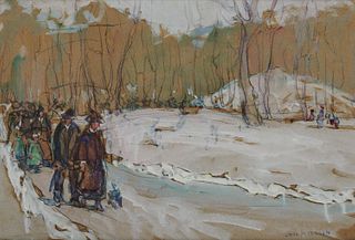 JANE PETERSON, (American, 1876-1965), Winter Stroll, watercolor and gouache on paper, sheet: 12 x 18 in., frame: 13 1/2 x 19 in.