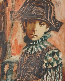 CONGER A. METCALF, (American, 1914-1998), Boy with Hat, gouache and oil on paper, sight: 14 x 12 in., frame: 24 x 20 in.