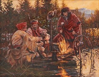 JOHN DeMOTT, (American, b. 1954), Beaver Men 'n Whiskey, oil on canvas, 24 x 30 in., frame: 33 x 39 in.